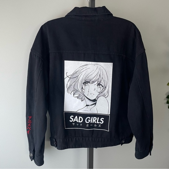 Animebae Collection Sad Girls Art Denim Jean Jacket Black Size Large Unisex - Picture 3 of 9